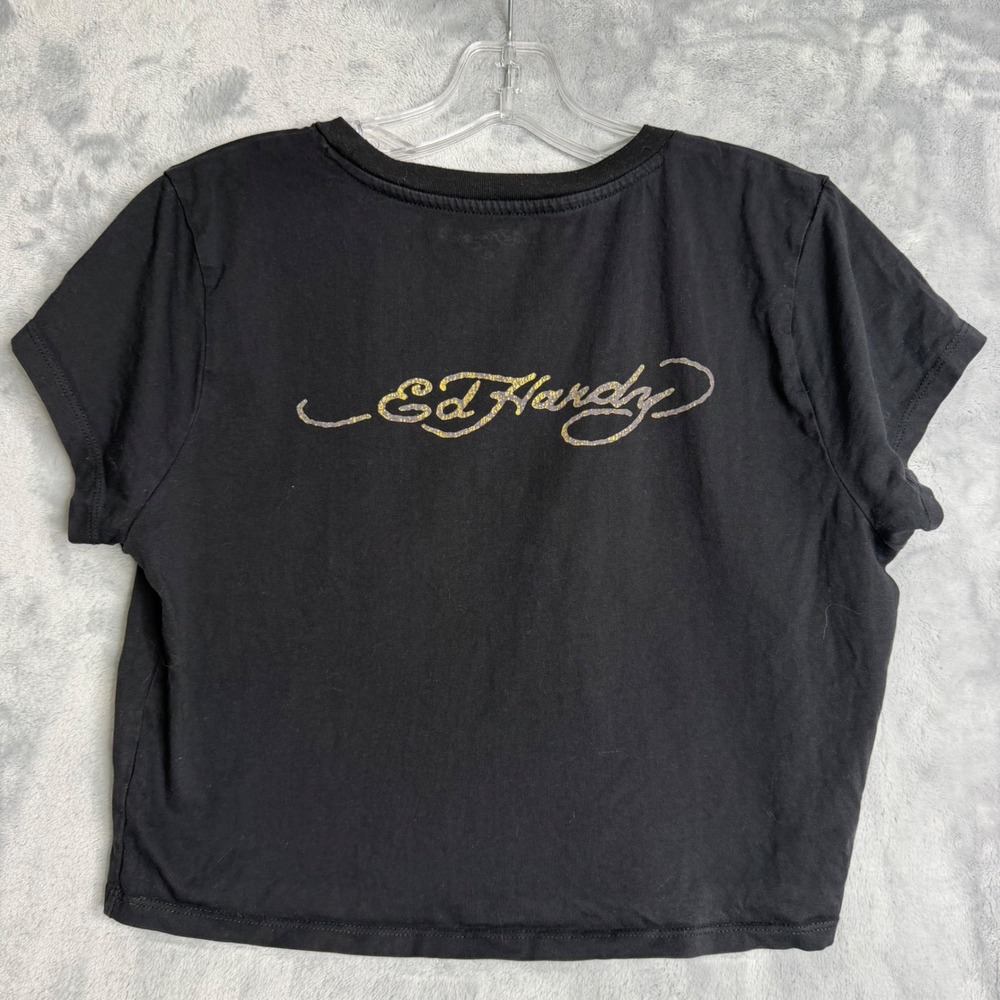 Ed Hardy New York City Crop Top T Shirt Womens XL Black Y2K Tee Skull Worn - Picture 4 of 7